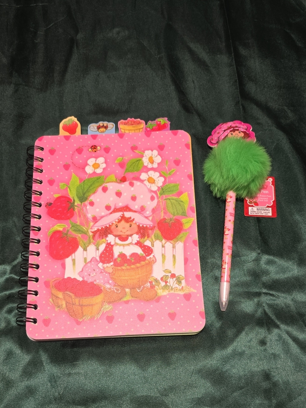 Pink Strawberry Shorycake Themed Notebook with Green Pom-Pom Pen